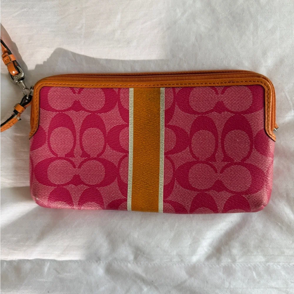 Coach Signature Stripe Double Zip Wristlet | Orange and Pink - Picture 6 of 15
